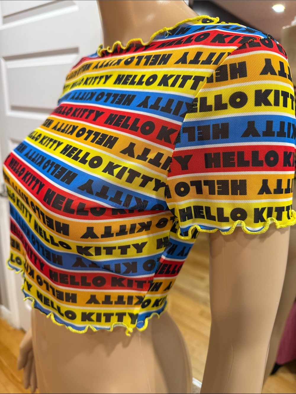 Hello Kitty Yellow Blue Red Striped Crop Top